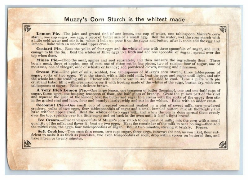 1880s Muzzy's Corn Starch Recipes On Back Fairies On Frog Hunting Fly &W
