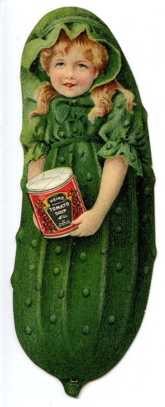 Advertising Trade Card - Heinz Pickle, Girl Holding Soup    (5H X 1.75W Die...