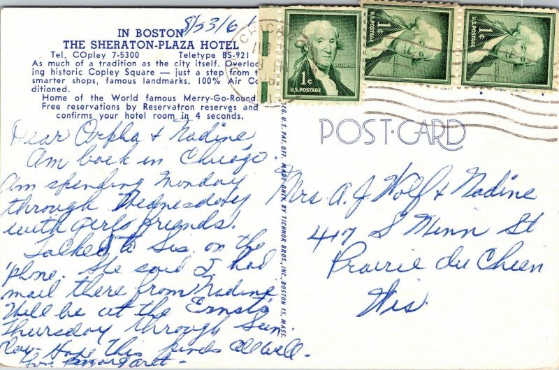 Boston Sheraton Plaza Hotel Old Cars Postcard PM Old Chicago IL Cancel WOB Note 