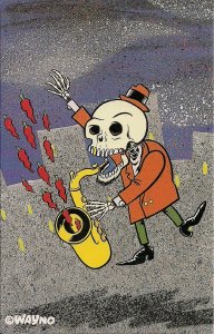 Red Hot Saxophone, Skull, Skeleton Playing Music Instrument, Artist Signed