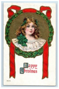 c1910 Merry Christmas Little Girl Dress Hat Wreath Embossed Unposted Postcard