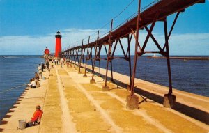 Perch Fishing GRAND HAVEN Lake Michigan Lighthouse c1950s Vintage Postcard