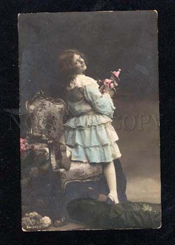 014163 Clown DOLL & Lovely Girl as Model Vintage PHOTO tinted