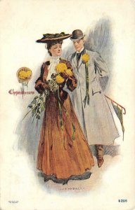 CHRYSANTHEMUMS Flowers Edwardian Couple Romantic Volland 1905 Vintage Postcard