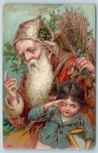 Postcard A Merry Christmas Santa Switches Crying Girl Gold Gilt 1908 M16