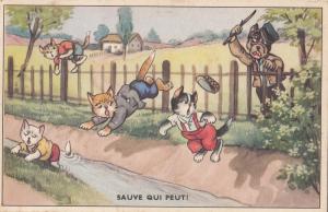 B80577 dog human attitude dressed  running    cat  front/back image