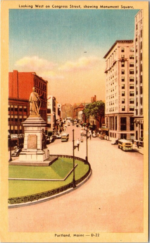 Looking W Congress St Monument Square Portland Maine ME Linen Postcard UNP VTG