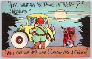 1939 Boy Standing In Seashore With His Car And Motorcycle Comic Posted Postcard