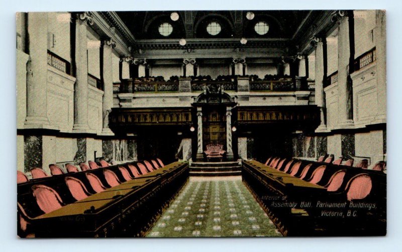 Interior of Assembly Hall Parliament Buildings VICTORIA BQ Canada 1910 Postcard