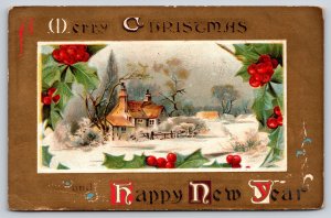 Holiday~Home By Road In Winter & Holly Christmas & New Year~Vintage Postcard