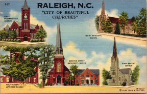 Linen Postcard Multiple Views of the Churches in Raleigh, North Carolina