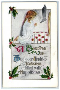 1914 Christmas Little Girl Praying Hanging Stocking Minneapolis MN Postcard