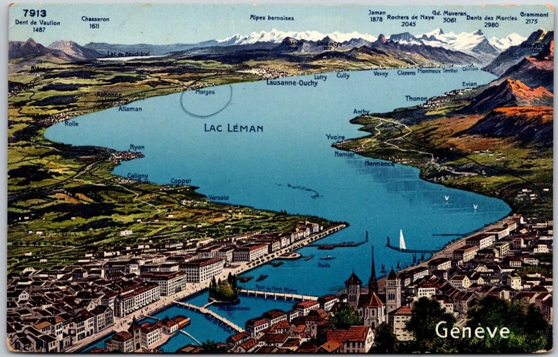 Geneva Switzerland Mountain Alps Buildings River Bridges Postcard