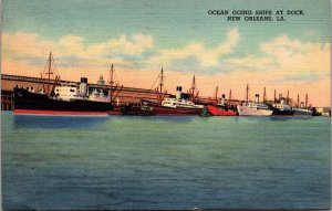 Ocean Going Ships at Dock New Orleans LA Postcard PC81