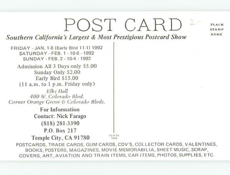 1990's POSTCARD SHOW Pasadena - Los Angeles California CA H9507