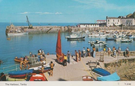 Man Pushing Sailing Boat Into Water Tenby Harbour 1970s Postcard