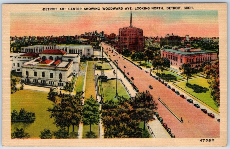 c1910s Detroit, Mich Looking North Art Center Woodward Ave Metrocraft Linen A206