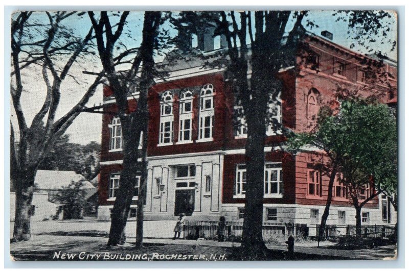 1909 New City Building Kids Playing Trees Rochester New Hampshire NH Postcard