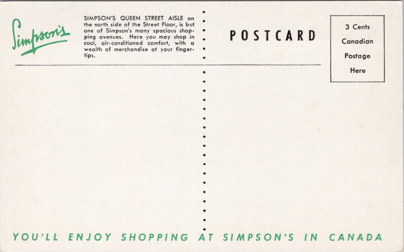 Simpson's Queen Street Aisle Toronto Ontario ON UNUSED Advertising Postcard E56