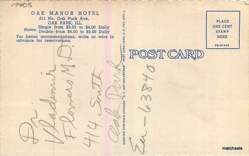 1940s Oak Park Illinois Oak Manor Hotel Roadside linen postcard 9753 Teich