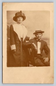 RPPC Lady in Picture Hat & Man in Bow Tie AZO 1904-1918 ANTIQUE Postcard 1500