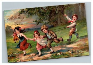 Vintage 1909 Postcard Boy Drives Team of Friends Playing in the Woods - Cute