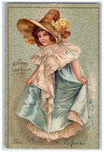 1904 New Year Pretty Girl Big Hat Flowers Embossed Ipswich MA Antique Postcard