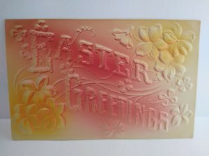 Easter Greetings Postcard Big Deep Embossed Letters Flowers Airbrushed Vintage 