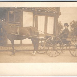 c1900s Cute Woman Smile Fancy Horse Carriage RPPC Real Photo PC Telegraph A135