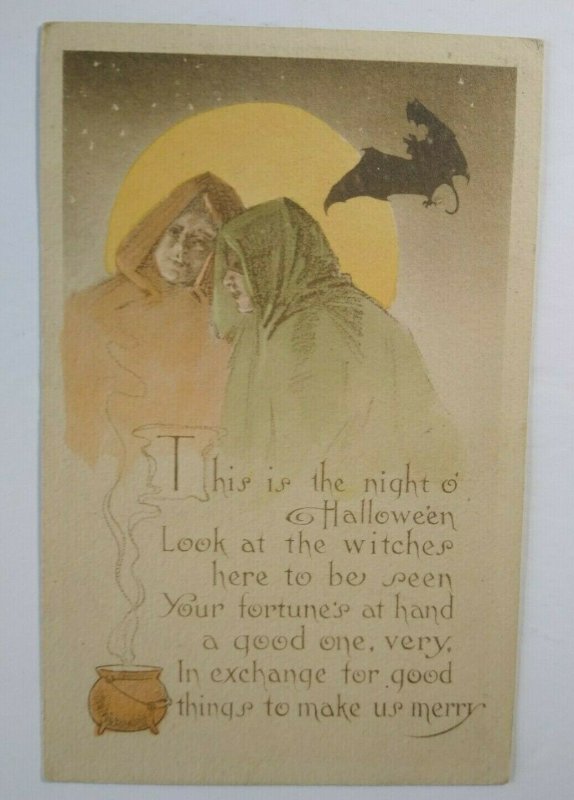 Antique Halloween Postcard Gibson Gothic People In Capes Moon Bat Original 1910 