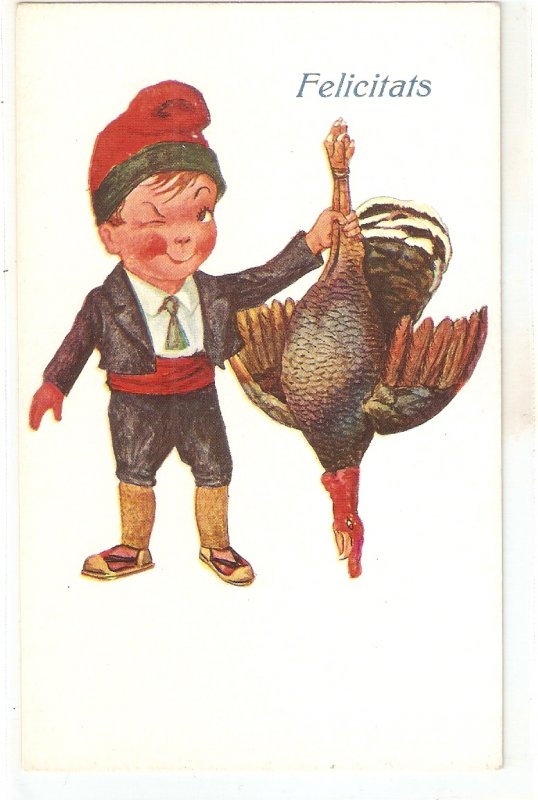 Catalan boy holding a turkey Vintage Spanish greetings postcard