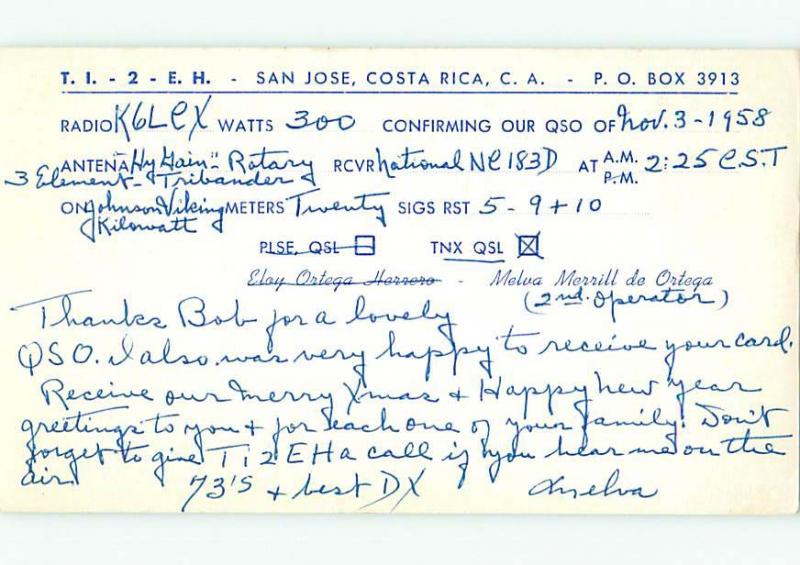 1958 vintage QSL CB HAM RADIO CARD Santa Jose COSTA RICA s0380