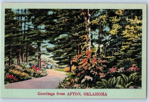 Afton Oklahoma Postcard Greetings Country Road Trees Scenic View c1940s Vintage