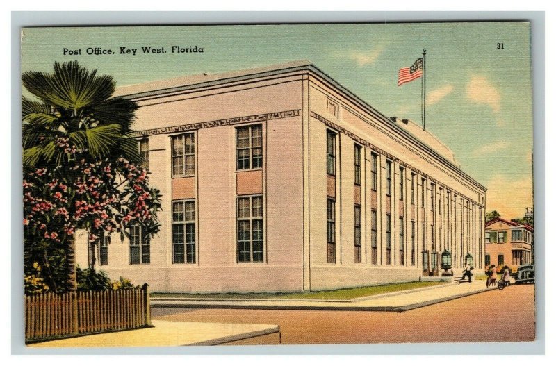 Vintage 1930's Postcard Post Office Building & Old Car Key West Florida