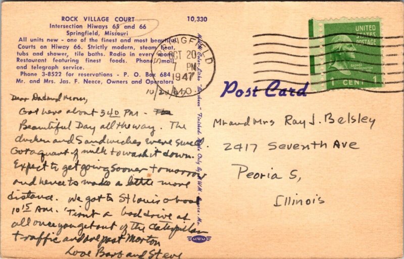 Linen Postcard Rock Village Court Route 66 in Springfield, Missouri
