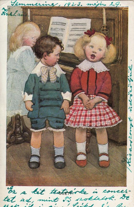 Children couple piano music duo duet 1923 comic postcard