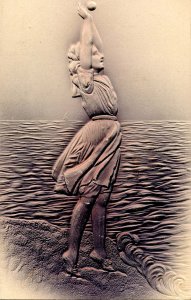 Girl Tossing Ball at Water's Edge  (Heavily Embossed)