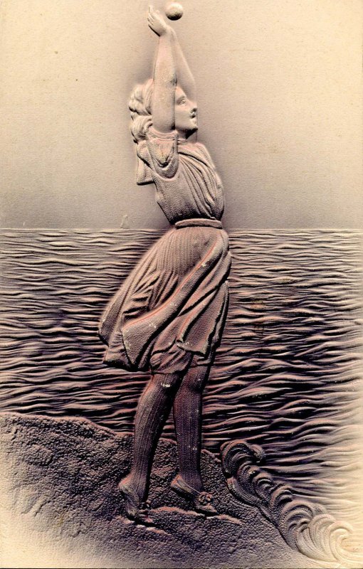 Girl Tossing Ball at Water's Edge  (Heavily Embossed)