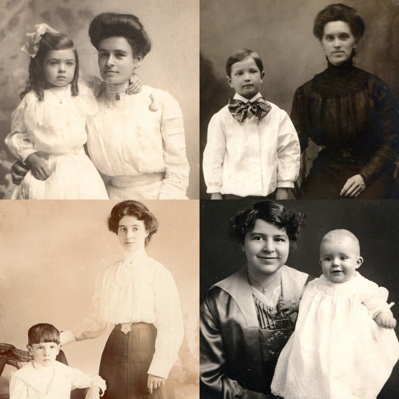 x4 LOT c1910s Beautiful Mother & Children RPPC Cute Young Women Real Photo A176