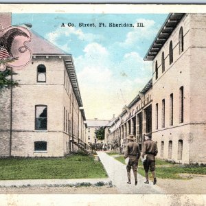c1910s Fort Sheridan, IL A Co. St Soldiers Street Army Barracks WWI Cancel A147
