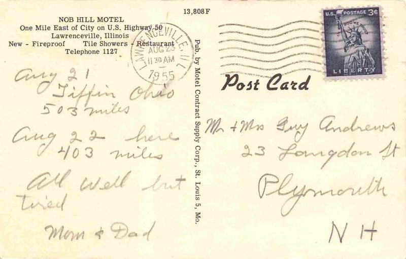 Nob Hill Motel US 50 Lawrenceville Illinois 1955 linen postcard