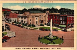 Lenoir, NC North Carolina SQUARE~CONFEDERATE MONUMENT~COURT HOUSE Linen Postcard