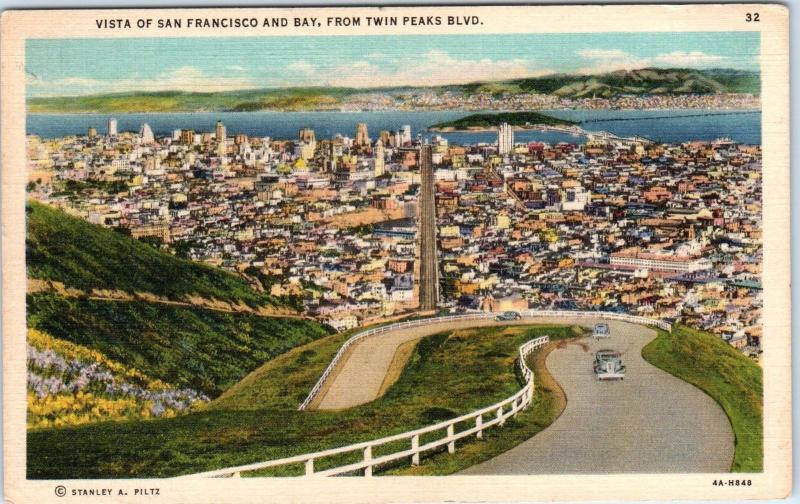 SAN FRANCISCO, CA California   CITY VIEW from TWIN PEAKS   Linen 1936  Postcard