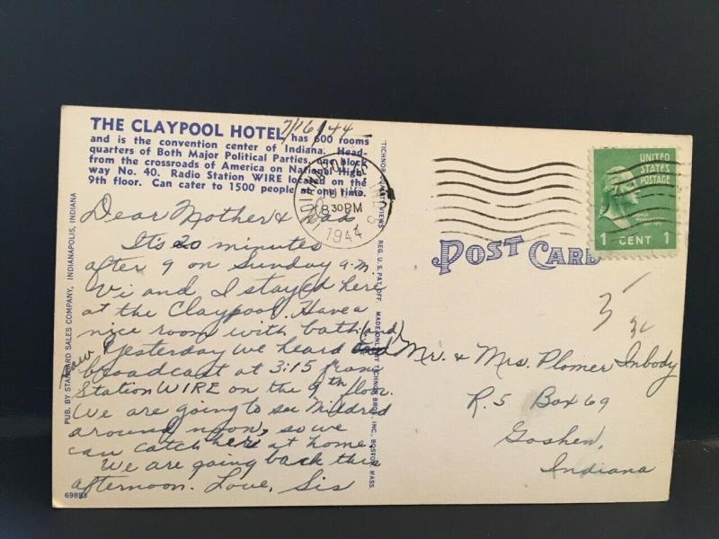 Postcard 1944 View of Claypool Hotel in Indianapolis, IN.  U6