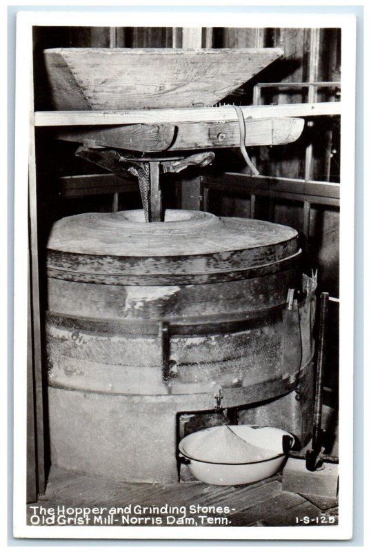 The Hopper Grinding Stones Old Grist Mill Norris Dam TN RPPC Photo Postcard