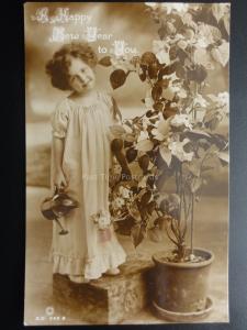 A Happy New Year to You c1910 Little Girl with Watering Can & Plant - By Rotary