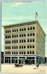 c1910s Waterloo, IA Marsh Place Building Litho Photo Postcard Woman on Horse A62