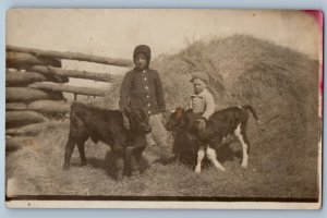 c1910s Children Cow Cattle Calf Farm Scene Field Hay RPPC Photo Antique Postcard