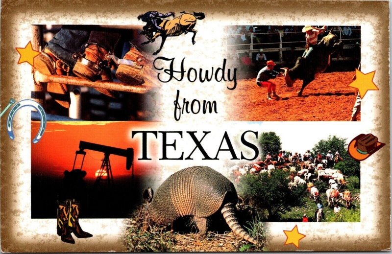 Greetings Texas Multi View Cowboys Scenic Landmarks Chrome Cancel WOB Postcard