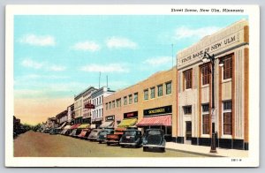 New Ulm Minnesota~Main Street Scene W/ State Bank Bldg~Vintage Linen Postcard